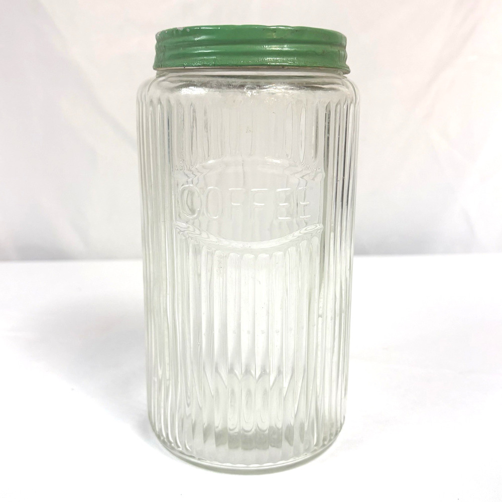 Vtg Hoosier Glass Coffee Jar Canister Ribbed Green Painted Lid Primitive